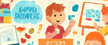 Desen digital cu un peisaj montan în amurg, munți falnici în fundal, cer portocaliu cu nori pufoși și un lac liniștit în prim-plan, reflectând peisajul.