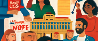 Desen digital detaliat cu un peisaj montan la apus, cu cer roz și violete, un lac reflectând munții acoperiți de zăpadă și copaci verzi în prim-plan.